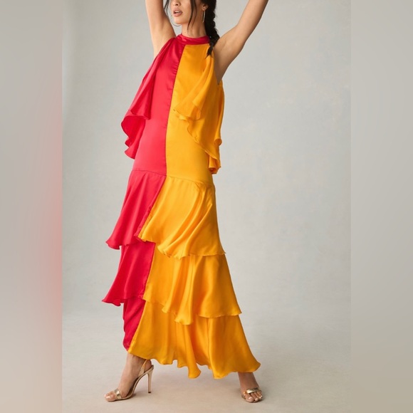 Pinnacle By Shruti Sancheti Mock-Neck Colorblock Ruffle Dress, Size S - Picture 4 of 8